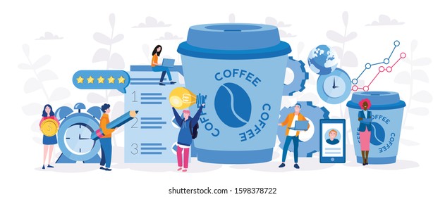 Coffee Break in conference or office. Cup of coffee to go. Vector illustration for web banner, infographics, mobile. Characters Communicating Brainstorming, Discussion Idea with coffee.