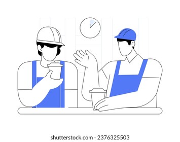 Coffee break at the construction site abstract concept vector illustration. Contractors drinking coffee together, communication with colleagues, construction management abstract metaphor.