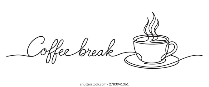 Coffee break continuous one line art illustration featuring steaming cup. perfect for cafe decor, coffee lovers, and creative art enthusiasts. concept of relaxation, line drawing, minimalistic style.