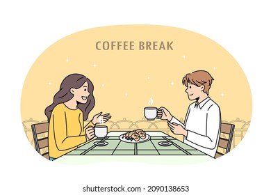 Coffee break and conversation concept. Positive couple man and woman sitting having coffee break with biscuits enjoying chat together vector illustration 