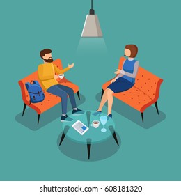 Coffee Break. Couple Conversation. Woman And Man Talking In The Cafe. Vector Illustration  In 3d Isometric Design.