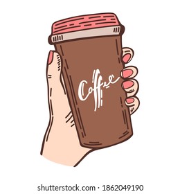 coffee break crafted illustration with handwritten script and human hand holds a cup of hot coffee, vector sketch