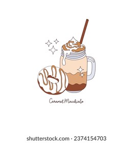 Coffee break crema caramel macchiata and donut dessert vector illustration isolated on white. Groovy coffee print.