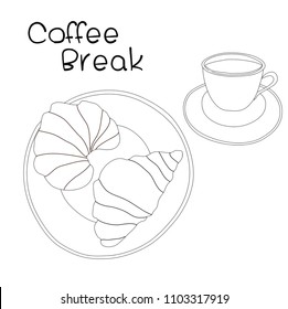Coffee break, coffee and croissants on white background. Vector illustration 