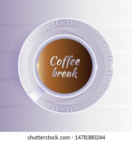Coffee break. Cup of coffee on silver striped background. Vector. 