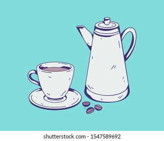 Coffee break. A cup and a coffee pot. Hand drawn vector image.