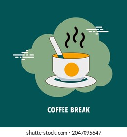 Coffee break with cup, spoon and sauce pan flat vector concept design