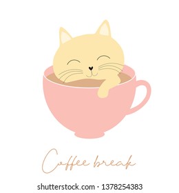 Coffee break cute kitten cat in coffee cup vector-illustration. Coffee drink concept background