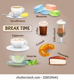 Coffee break decorative icons set with cappuccino croissant and macaroon cookies isolated vector illustration