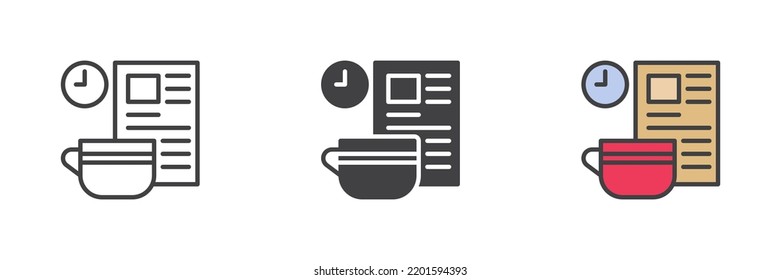 Coffee break different style icon set. Line, glyph and filled outline colorful version, coffee cup , clock and newspaper outline and filled vector sign. Symbol, logo illustration. Vector graphics