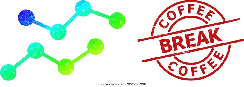 Coffee Break dirty seal, and lowpoly spectral colored charts icon with gradient. Red stamp seal has Coffee Break caption inside circle and lines form.