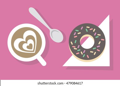 Coffee break: coffee and donut // top view flat vector illustration