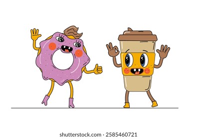 Coffee Break doodle Illustration donut and mug of coffee Cute Characters