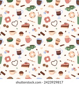 Coffee break doodle seamless pattern vector. Cute background with coffee elements in simple hand drawn illustrated style. Different doodle beverages and sweet snacks.