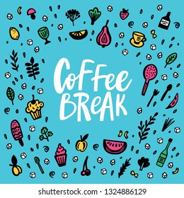 Coffee Break doodle sticker set with handdrawn lettering phrase