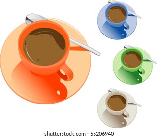 Coffee Break! - Espresso, cup and saucer (orange, blue, green, white). Isolated on white. Vector illustration. Suitable for internet, advertising, editorial graphics. See others on "Objects" set.