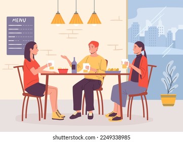 Descanso para el café. Personajes hombres y mujeres sentados en la mesa en el café. Gente bebiendo cerveza y comiendo bocadillos. Amigos comunicándose y almorzando. Grupo de adultos con ilustración vectorial de descanso