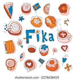 Coffee break (fika) decorative poster. Cute traditional food from Sweden. Top view. Bakery shop, confectionery, sweetshop background. Editable isolated vector illustration in hand drawn style