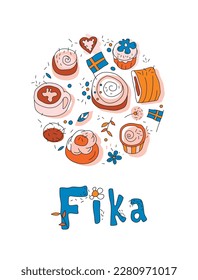 Coffee break (fika) decorative poster. Cute traditional food from Sweden. Top view. Bakery shop, confectionery, sweetshop background. Editable isolated vector illustration in hand drawn style