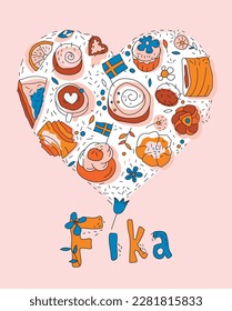 Coffee break, fika decorative poster. Cute traditional food from Sweden. Top view. Bakery shop, confectionery, sweetshop background. Editable isolated vector illustration in hand drawn style