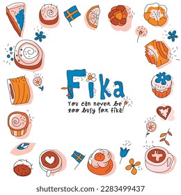 Coffee break, fika decorative poster. Cute traditional food from Sweden. Top view. Bakery shop, confectionery, sweetshop background. Editable isolated vector illustration in hand drawn style