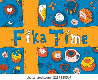 Descanso de café, afiche decorativo de fika. Cocina tradicional de Suecia. Vista superior. Panadería, pastelería, telón de fondo. Ilustración vectorial aislada editable en estilo dibujado a mano