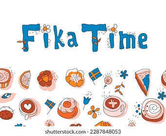 Coffee break, fika decorative poster. Cute traditional food from Sweden. Top view. Bakery shop, confectionery, sweetshop background. Editable isolated vector illustration in hand drawn style