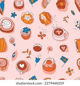 Coffee break (fika) seamless decorative pattern. Cute traditional food from Sweden. Top view. Bakery shop, confectionery, sweetshop background. Editable vector illustration in hand drawn style