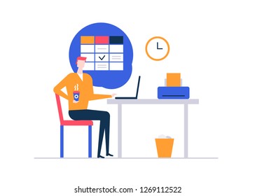 Coffee break - flat design style colorful illustration on white background. High quality composition with office worker, businessman sitting at the desk, working with laptop, drinking hot beverage