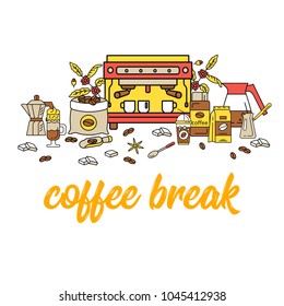 Coffee break flat line collection drink decorative banner. Modern icons for coffee shop and coffee house. Colorful template for for your design, prints and illustrations. Flat style Vector