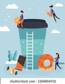 Coffee break with flat people. Menu, web page template. Creative landing page design template