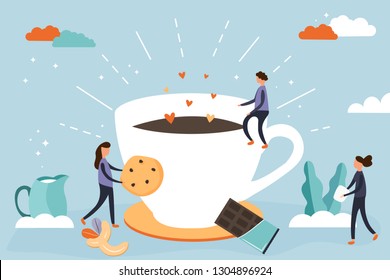 Coffee break with flat people. Menu, web page template. Creative landing page design template