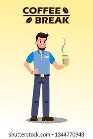 Coffee Break Flat Vector Illustration with Text. Man with Take Away Latte Cup. Hot Tea. Coffee Delivery. Handsome Caucasian Barista with Coffee To Go. Office Worker. Employee at Dinner Break