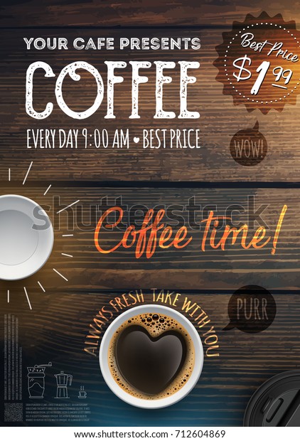 Coffee Break Wallpaper, with wooden background. Coffee in the form of heart.
