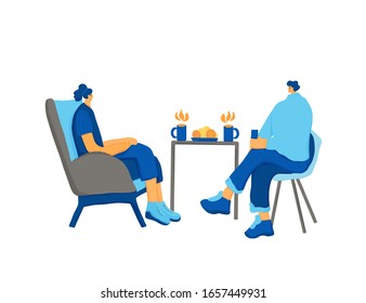 Coffee break. Frends drinking tea together. Male and female persons sitting in the chair and talking about life. Man and woman having a conversation. Vector illustration.