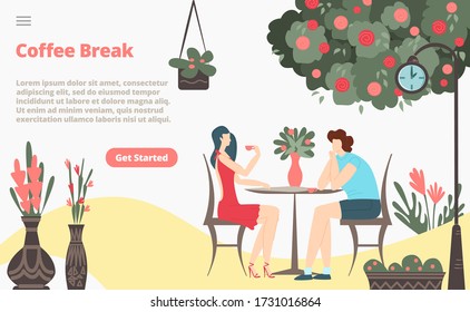 Coffee break with girl and boy couple sitting in cafeteria, drinking flat vector illustration for webpage, web app template. Street cafe for relax in work for breakfast, business lunch.
