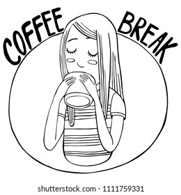 Coffee break girl drink vector illustration outlines coloring hand drawing