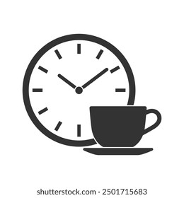 Icono gráfico de pausa de café. Taza de café caliente y signo del reloj aislado sobre fondo blanco. Ilustración vectorial