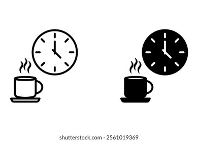 Coffee break graphic icon. Cup of hot coffee and clock sign isolated on white background. Vector illustration