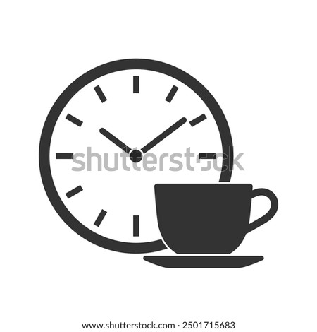 Coffee break  graphic icon. Cup of hot coffee and clock sign isolated on white background. Vector illustration