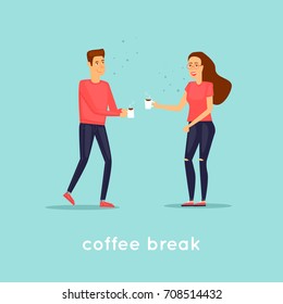 Coffee break. Guy and girl drink coffee, office life, work. Flat design vector illustration.