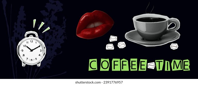 Coffee break, halftone collage, contemporary art. Coffee time, magazine clippings. Announcement of break and rest, business relaxation. Black drink in a cup. Red female lips, woman's mouth. Vector 3d.