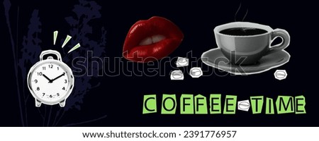 Coffee break, halftone collage, contemporary art. Coffee time, magazine clippings. Announcement of break and rest, business relaxation. Black drink in a cup. Red female lips, woman's mouth. Vector 3d.
