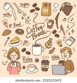 Conjunto de Vector de iconos dibujados a mano de pausa de café