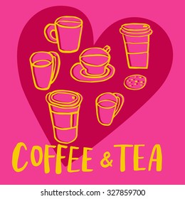 Coffee break hand drawn sketchy doodles. Set of morning cups of tea and coffee on heart background