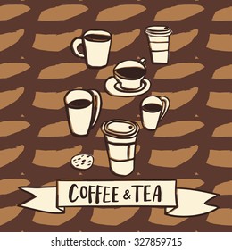 Coffee break hand drawn sketchy doodles. Set of morning cups of tea and coffee