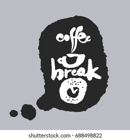 Coffee Break. Hand written calligraphy phrase in a speech bubble. White on black. Clipping paths included.