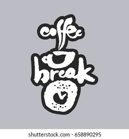 Coffee Break. Hand written phrase in calligraphic style on gray background. White on black. Clipping paths included.