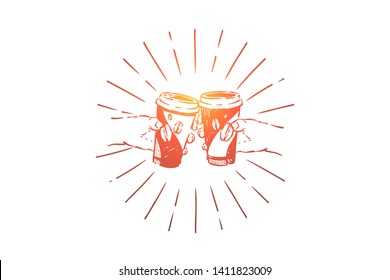 Coffee break, hands holding plastic mugs with hot beverage in sunburst frame, espresso, cappuccino sale business. Energy drink shop, takeaway service concept sketch. Hand drawn vector illustration