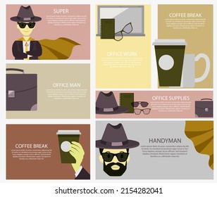 Coffee break, handyman and office work with supplies, set of posters with man and cups, bearded male, isolated on vector illustration